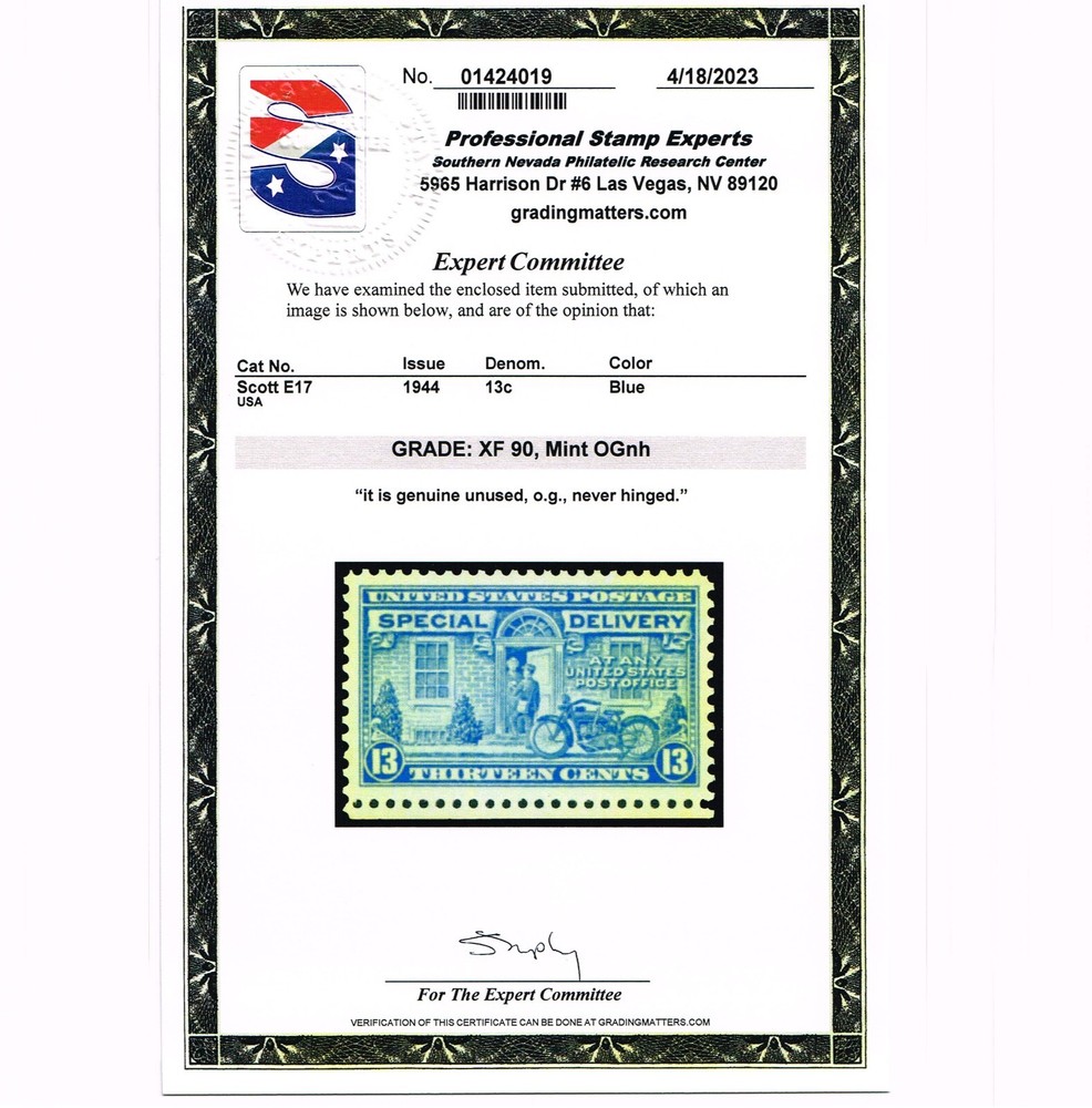 EXCELLENT GENUINE SCOTT #E17 MINT PRISTINE OG NH PSE CERT GRADED XF-90