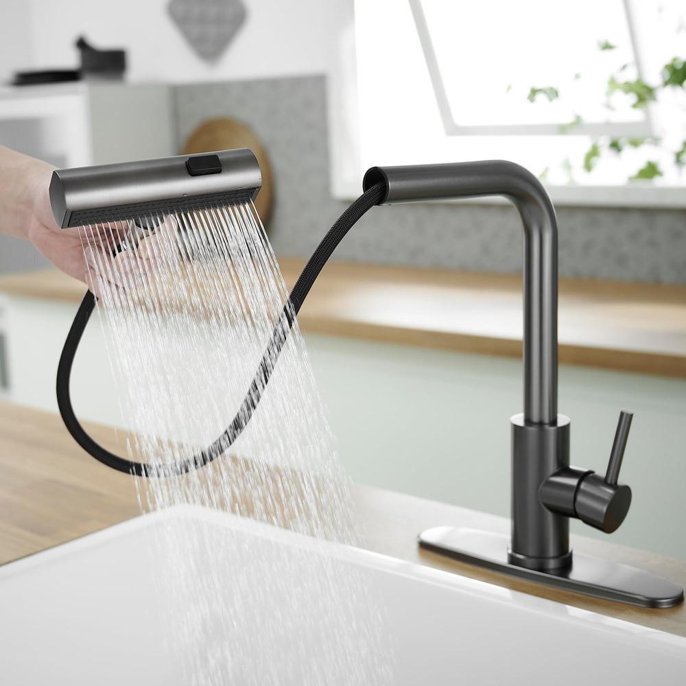 Commercial Stainless Steel Pull-Down Kitchen Faucet, Waterfall 3-Function, Gray