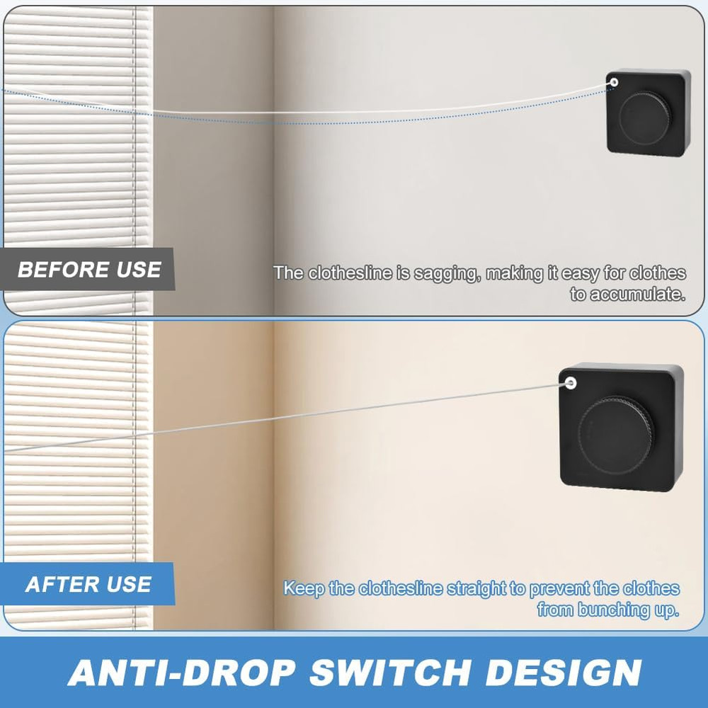 Retractable Clothesline 15.7Ft Wall Mounted Laundry Line with Clips Black