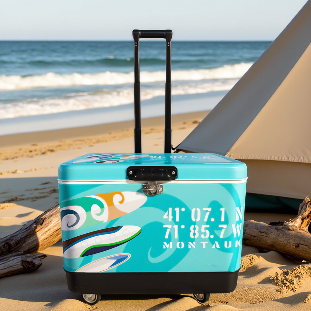 Blue 54Qt Portable Cooler with Telescoping Handle & All-Terrain Roller Wheels