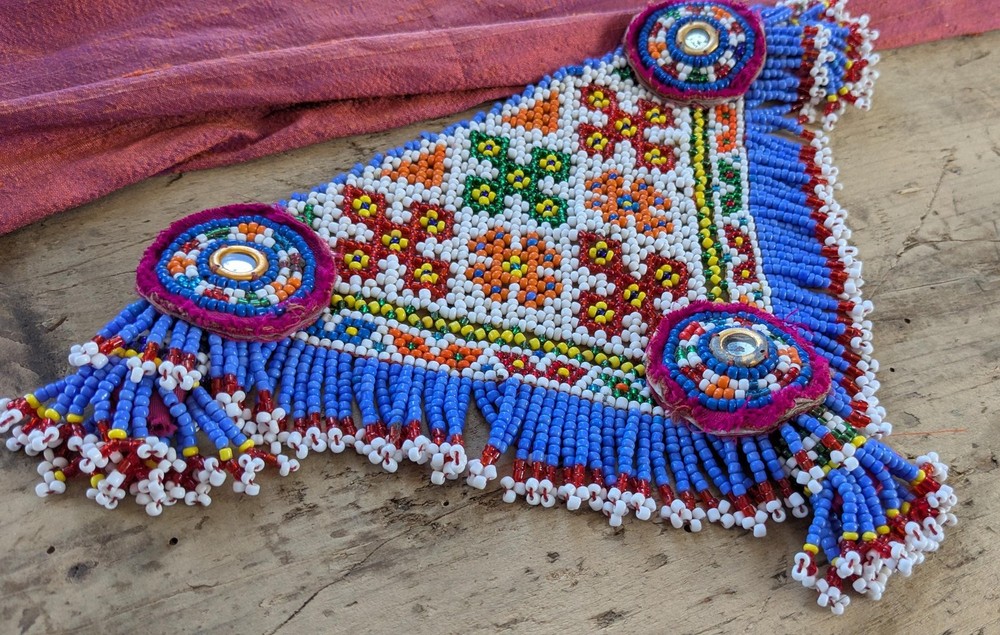 Vintage Kuchi Tribal Beaded Textile Patch Triangular 10.5" x 6.5" (19919)