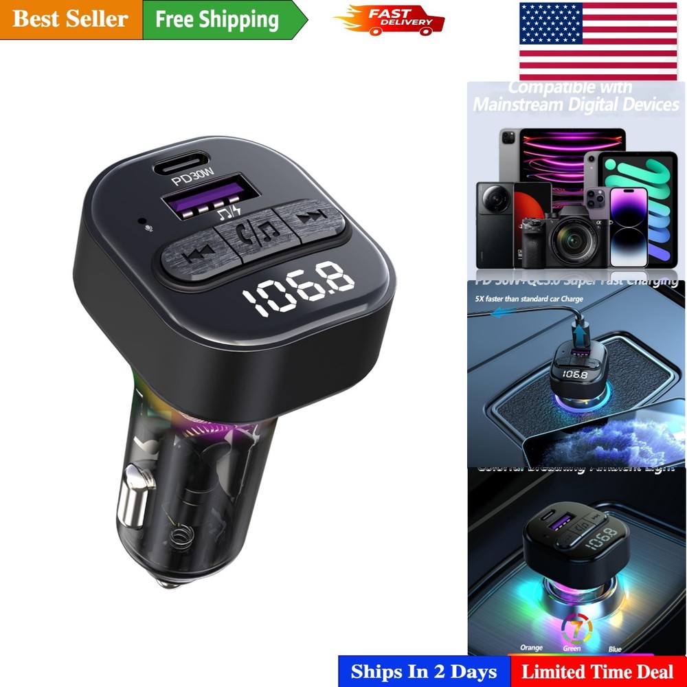 Advanced Bluetooth FM Transmitter with Fast Charging and LED Light - Car Adapter