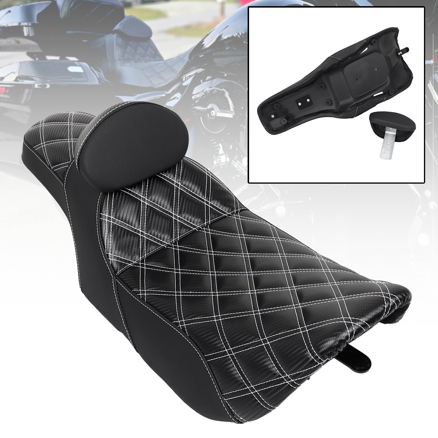 White Diamond Driver Passenger 2-Up Seat w/ Backrest For Harley Road King 97-07