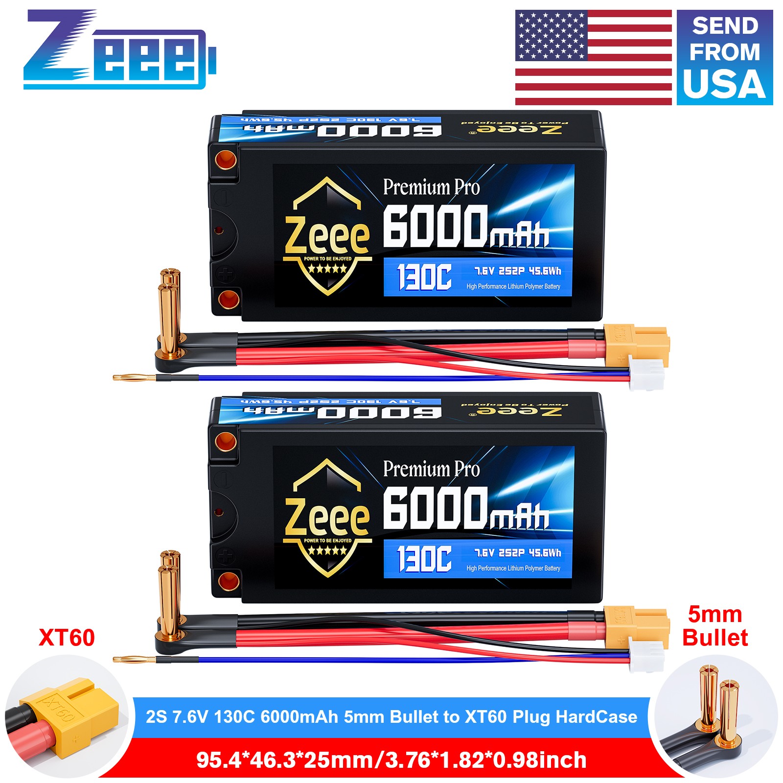 2xZeee 2S Shorty Lipo Battery 6000mAh 5mm Bullet to XT60 Plug 7.6V 130C HardCase