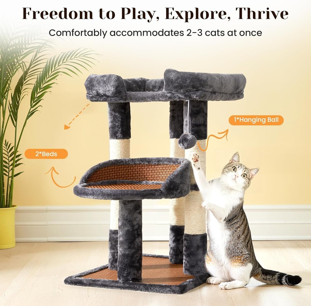 Multi-Level Cat Tree Indoor Cats Modern Cat Tower W/ Double Beds & Scratching