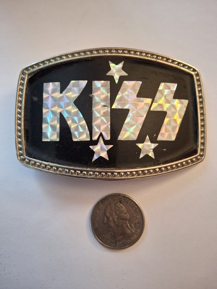 Vintage 1970's KISS Belt Buckle # 681 White & Black 3 Stars Holographic
