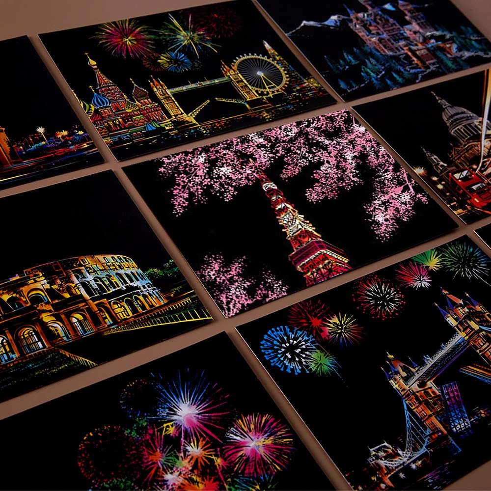 Scratch Art Paper, Rainbow Night View Scratchboard Medium, Fireworks Series