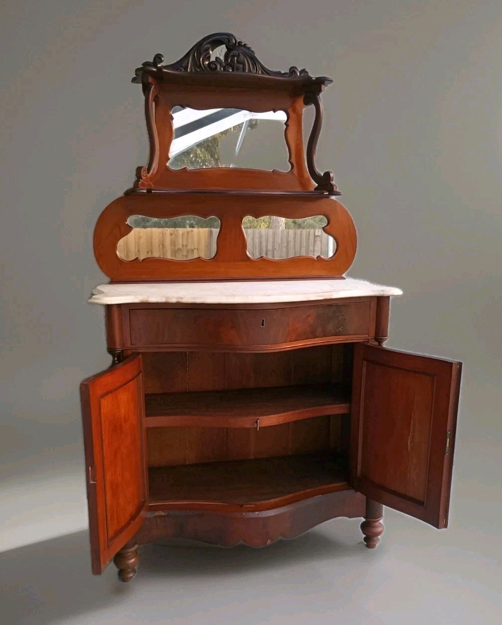 Antique Serpentine Mahogany Dresser Marble Top & Mirror Shelf Entryway Table