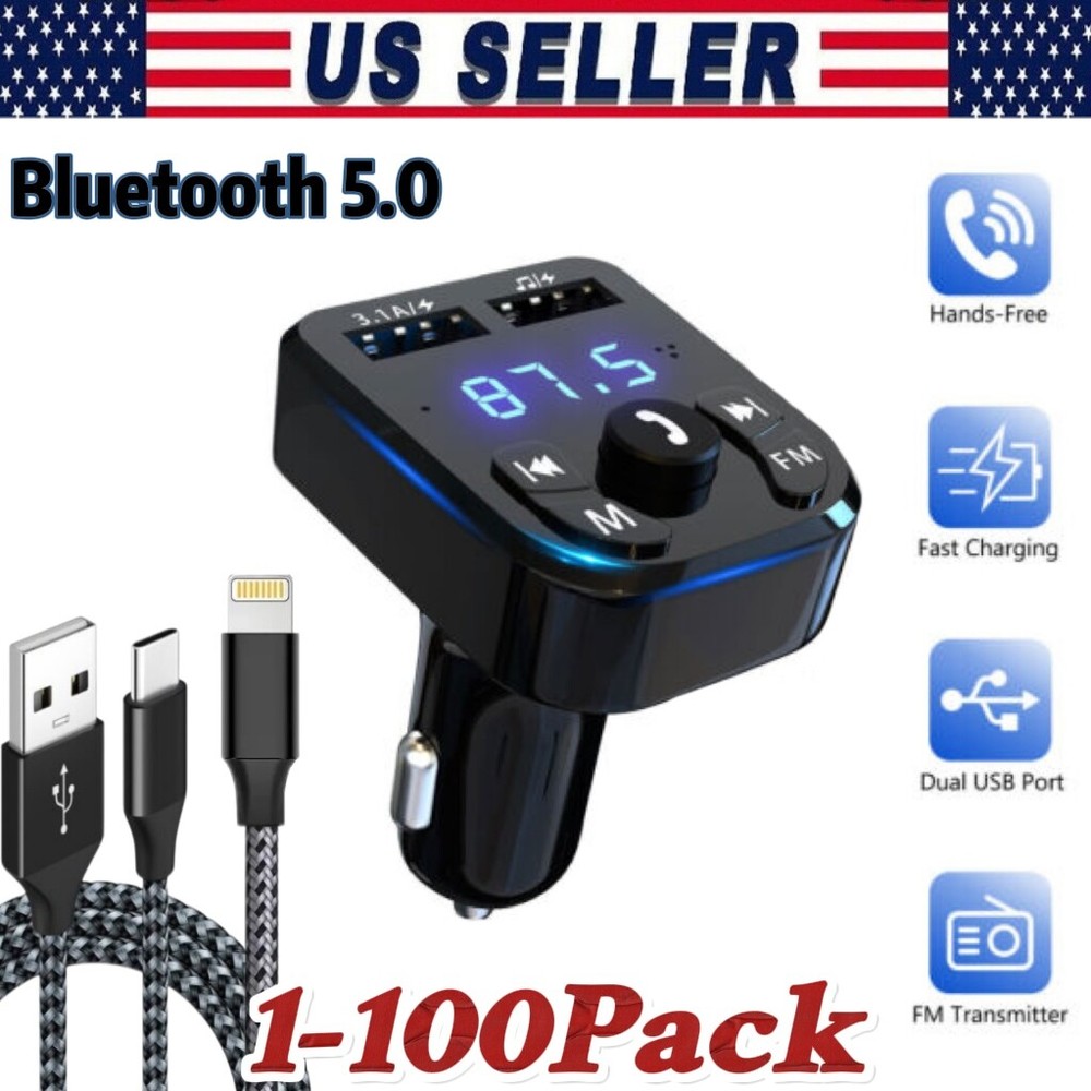Bluetooth 5.0 Car Wireless FM Transmitter Adapter 2USB PD Charger Hands-Free Lot