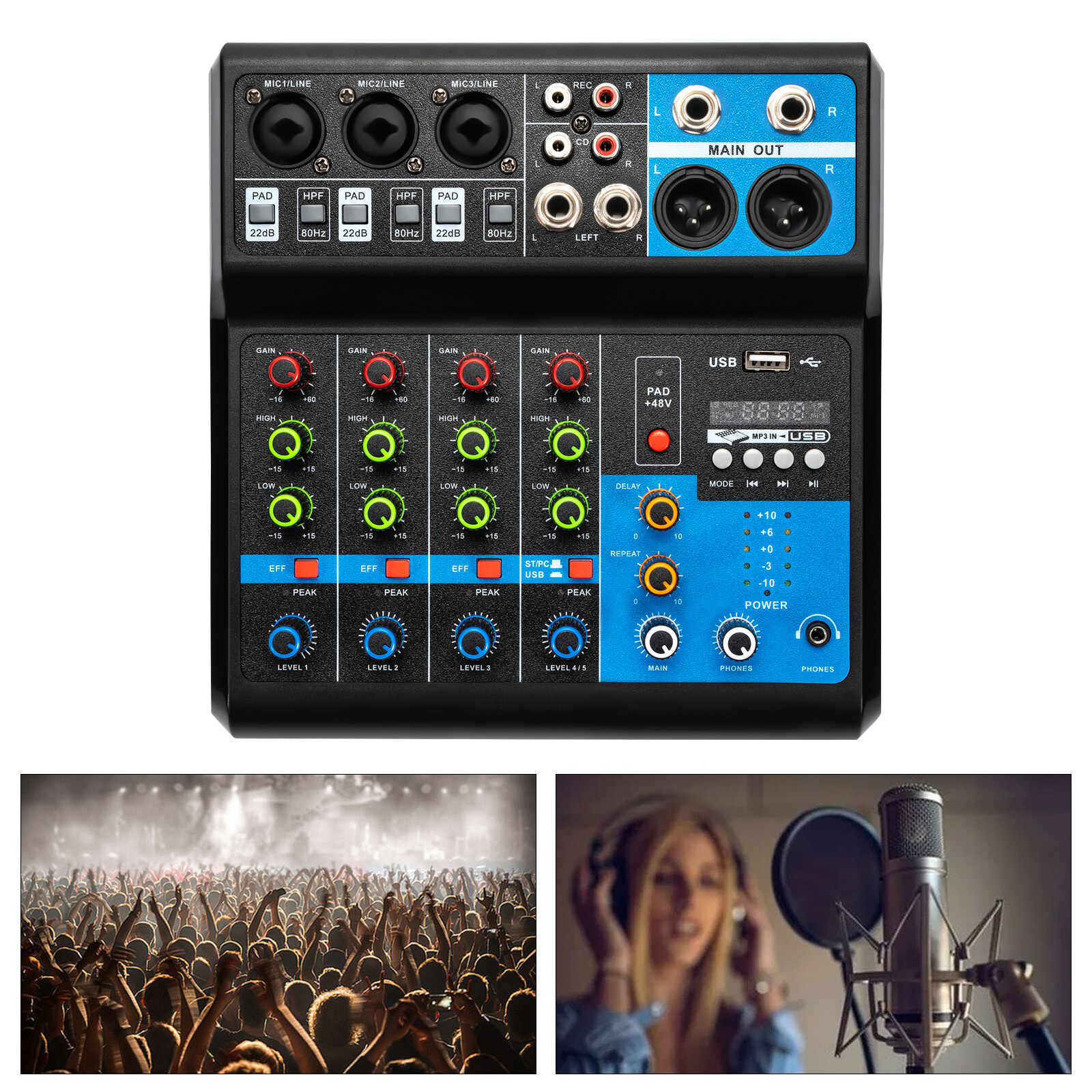 5-Channel Mixer with Bluetooth, USB, and Reverb for Live Audio Mixing