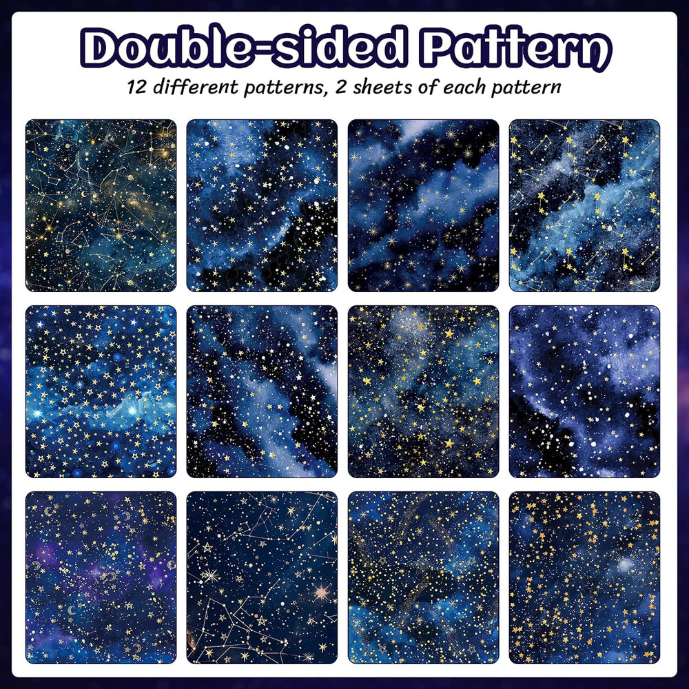24 Sheets Galaxy Scrapbook Paper 12'' × 12'' Double-Sided Starry Sky Pattern Pap