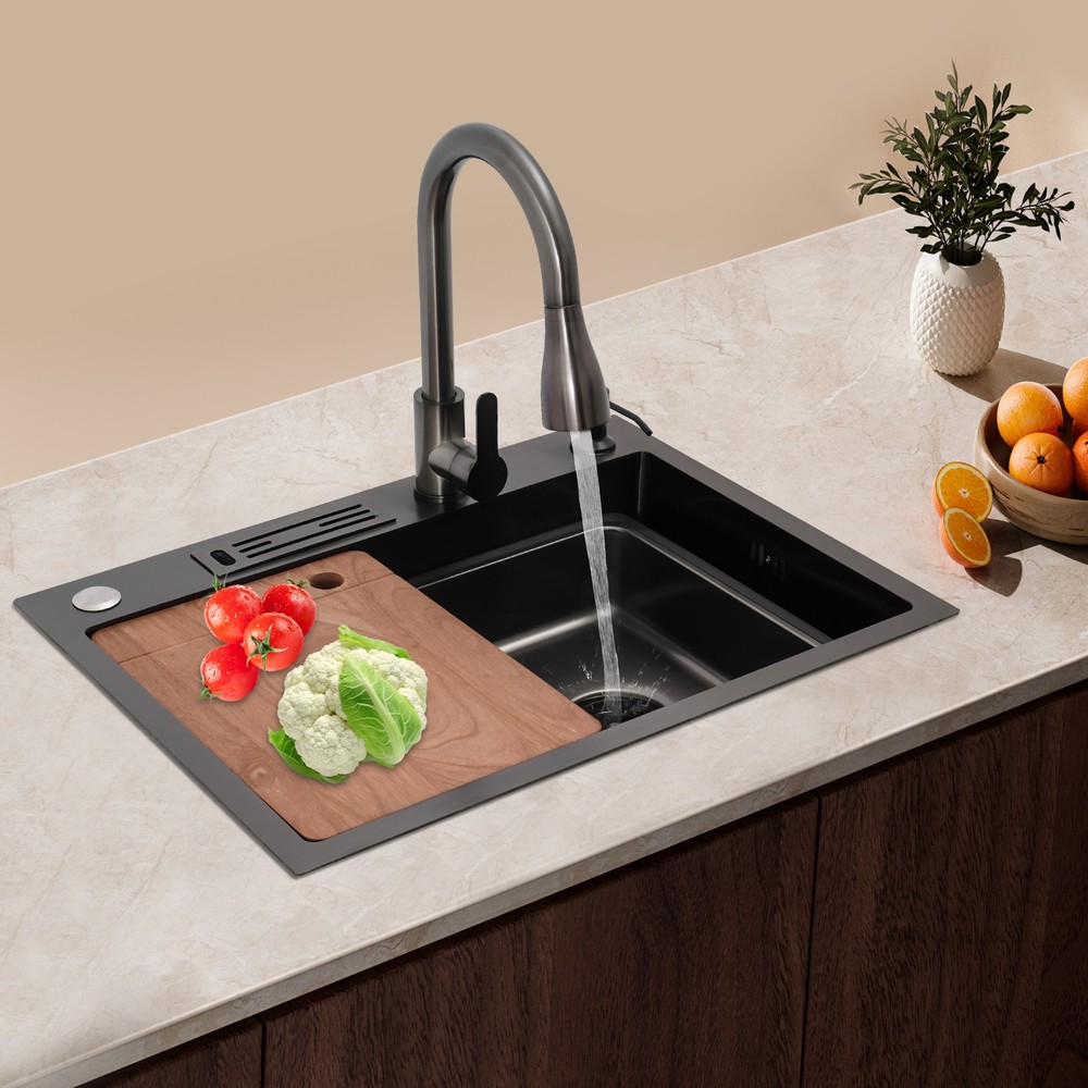 Kitchen Sink Stainless Steel Multifunctional Rectangular Sink w/ Pull-out Faucet