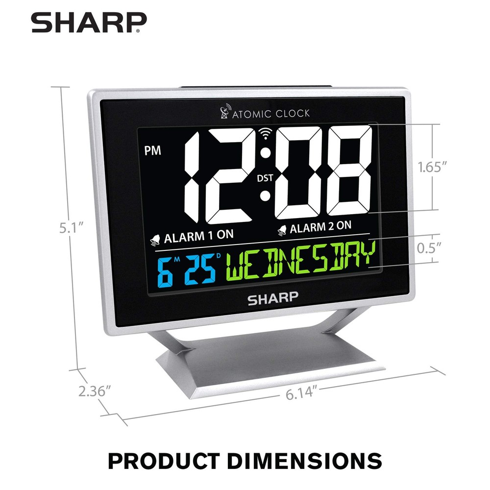 Sharp Desktop Dual Alarm Clock with Color Display - Atomic Small, Silver