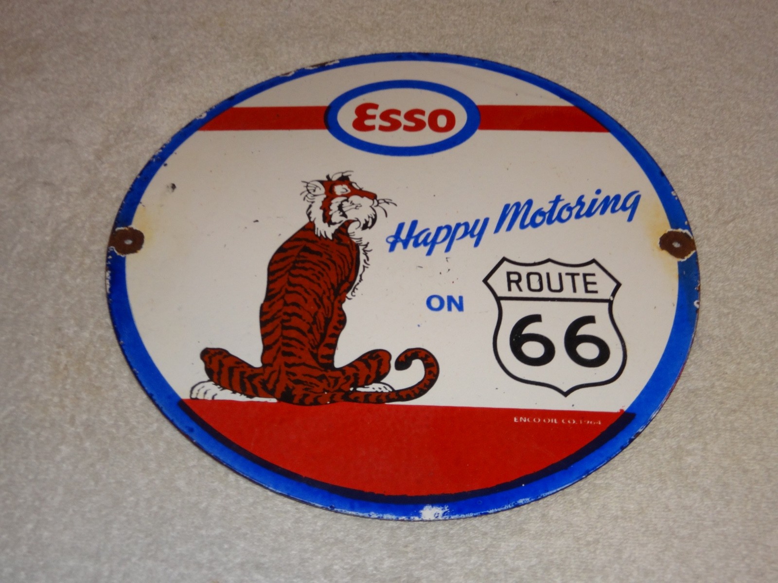 VINTAGE 1964 ESSO PUT A TIGER IN GAS TANK +ROUTE 66 11 3/4" PORCELAIN METAL SIGN