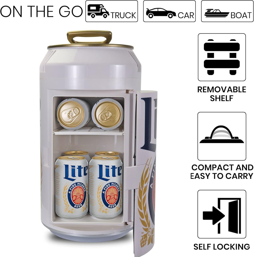 Miller Lite Mini Fridge - Portable Cooler for Drinks, 8 Can Capacity