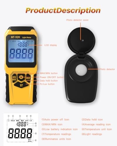 Light Meter with Split Sensor - Lux/Foot Candle Measurement, 200,000 Lux Range,
