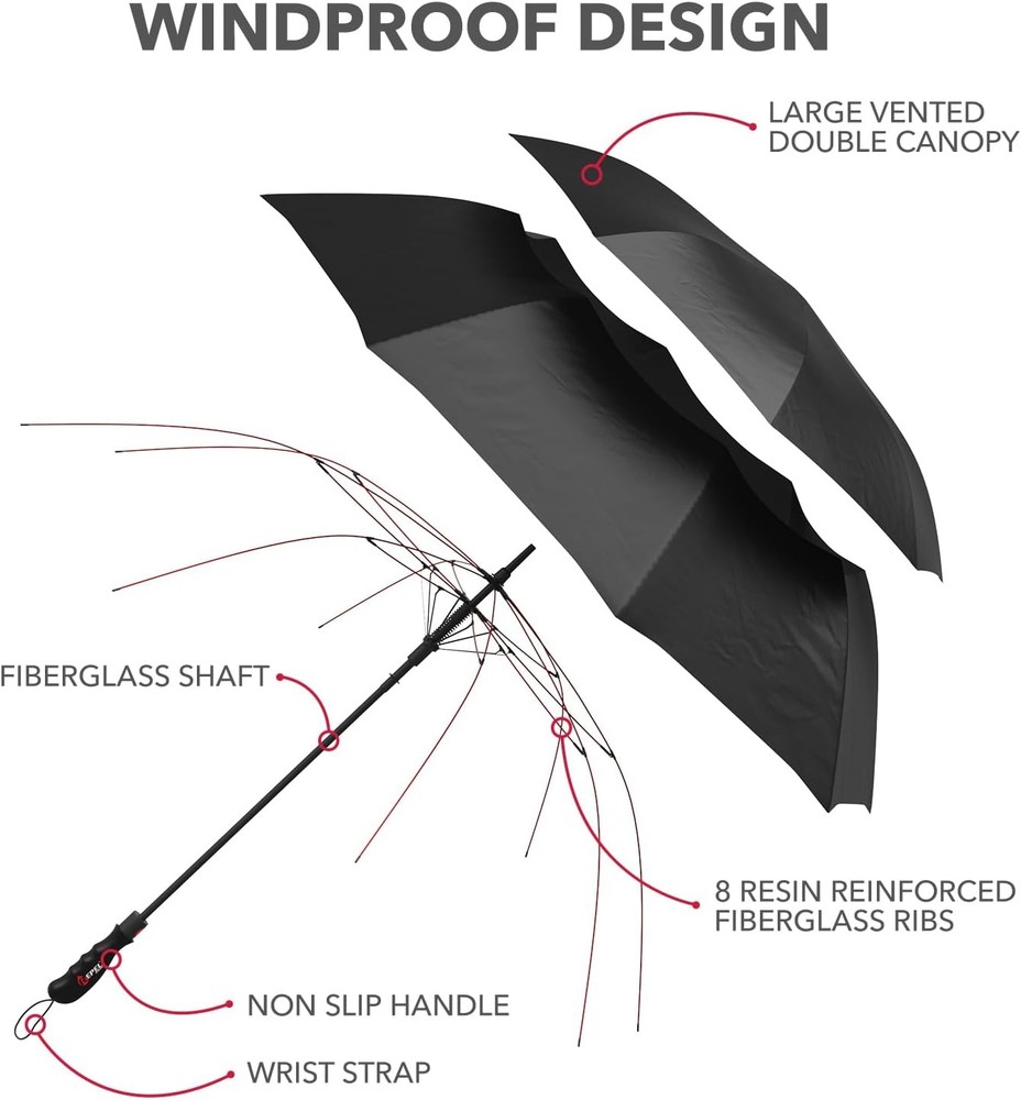 Extra Large Windproof Golf Umbrella Covers 2 People 60" Wide Vented Double