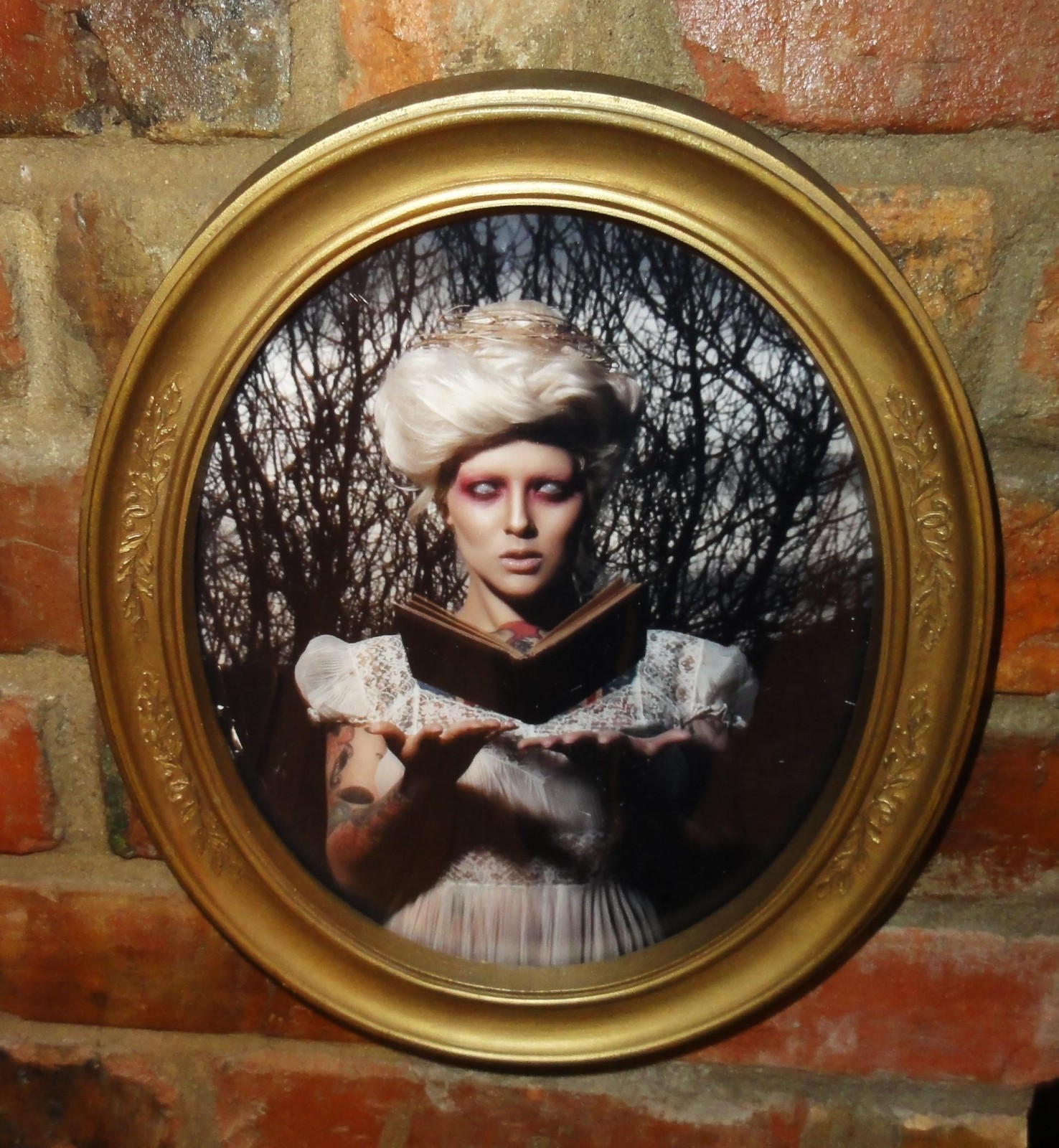 Vintage Two Gold Oval Frames with Gothic Pinup Girl Photos Vampire Look tattooed