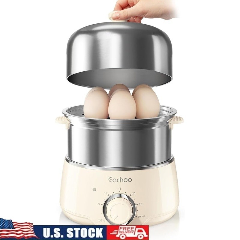 Dual-Tier Egg Cooker Timer Auto Shut-Off Multi-Use Vegetable Steamer 350W
