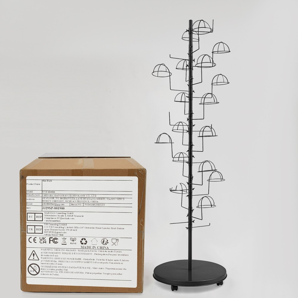 Freestanding Black Hat Display Rack with 25 Hooks for Easy Storage