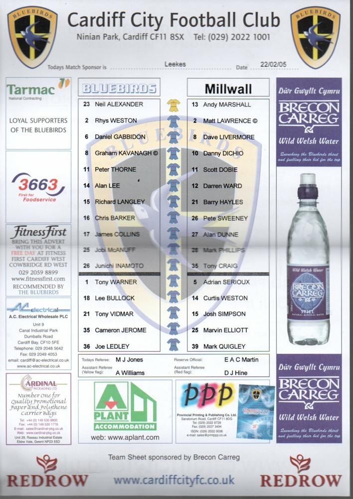 Team Sheet - Cardiff City v Millwall 22.2.2005