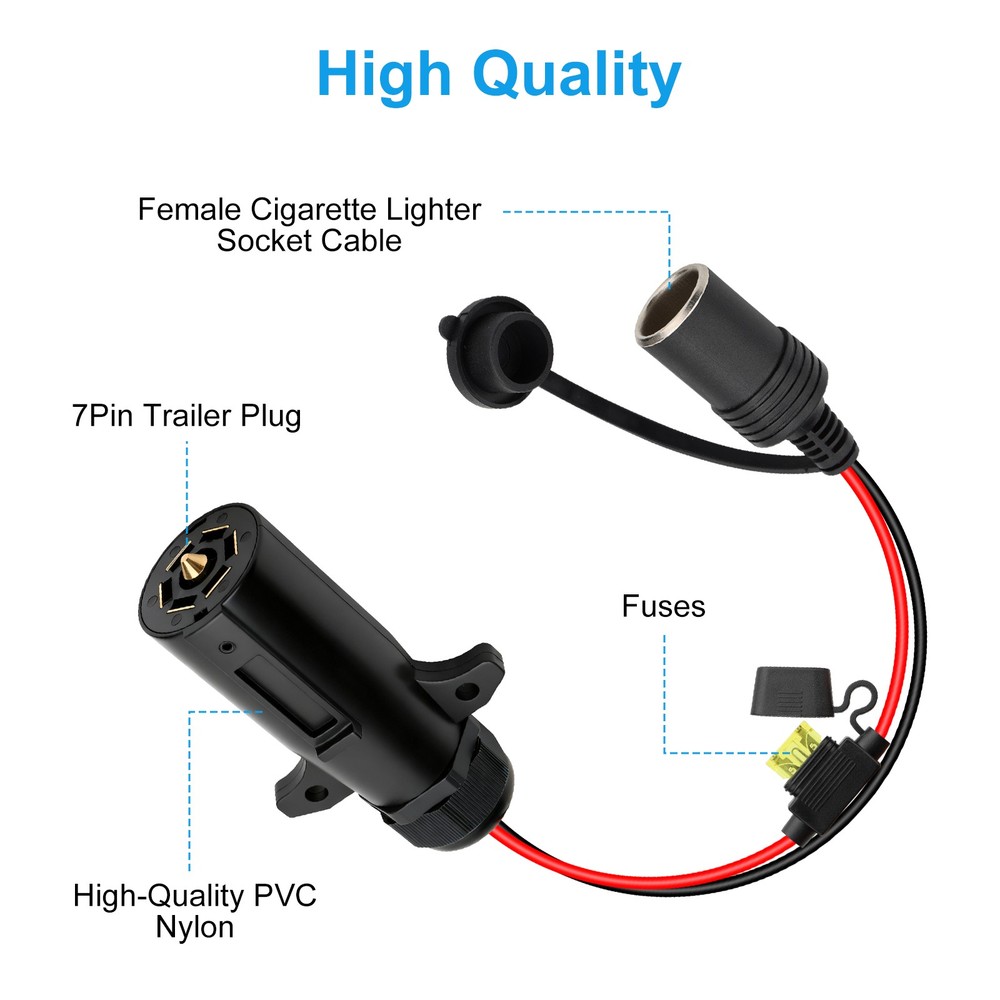 7Pin Trailer Plug to 12V Female Cigarette Lighter Power Socket Cable Adapter 2FT