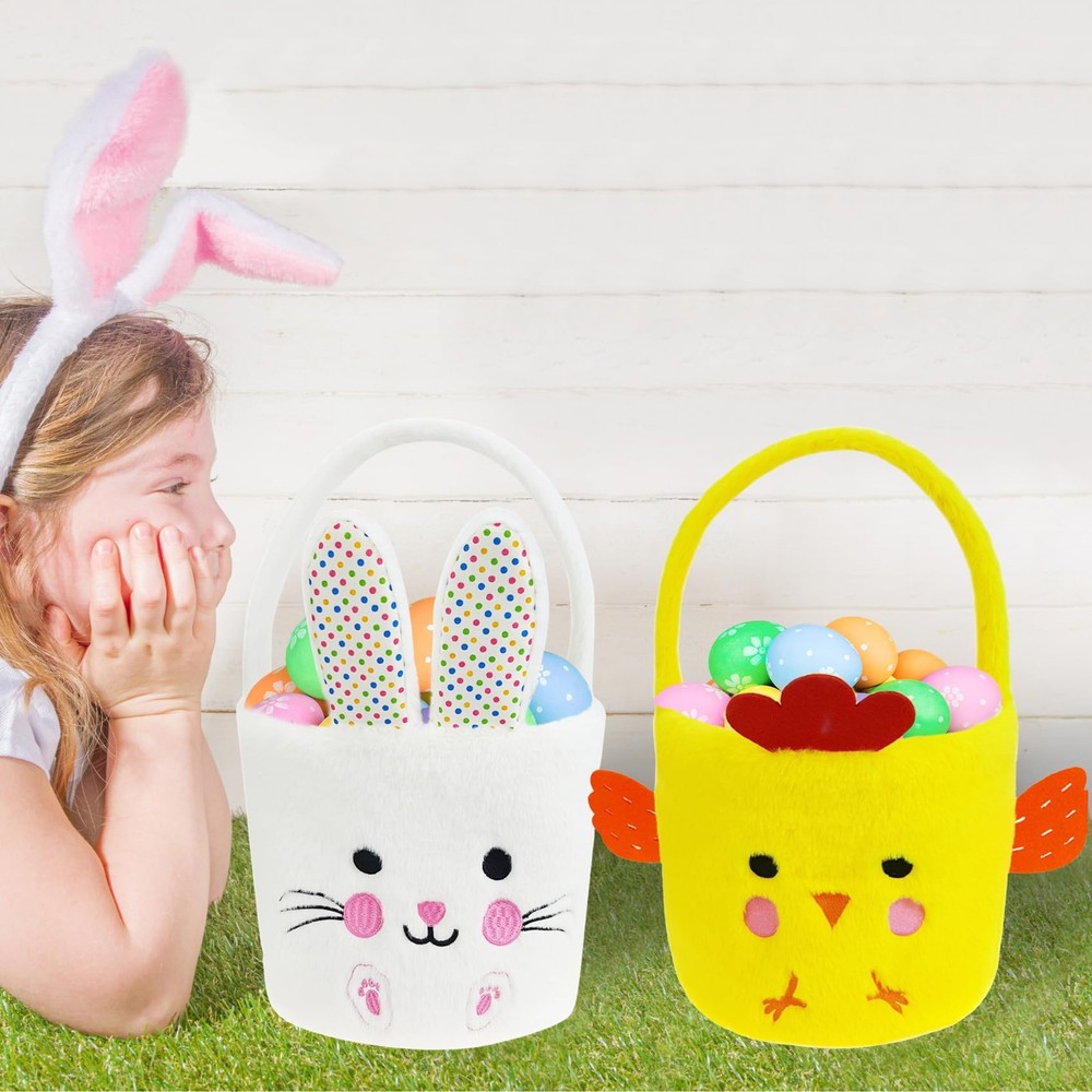 2 Pcs Easter Basket Bunny & Chick Plush Baskets Dia 8" * H 15.7", Easter Egg ...