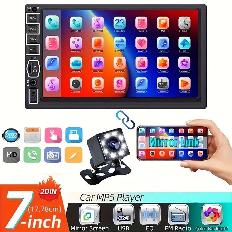 7" Double 2 DIN Car MP5 Player Bluetooth Touch Screen Stereo Radio + Rear Camera
