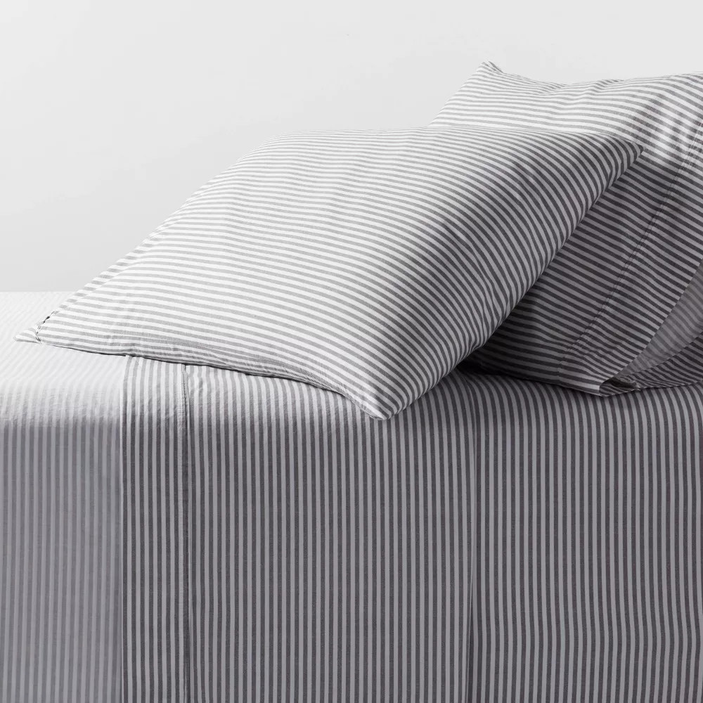King Organic Percale Sheet Set Charcoal/White Stripe - Threshold