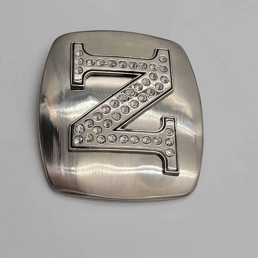 Initial N Monogram Square Belt Buckle Brushed Chrome With Rhinestones