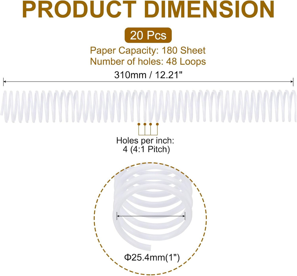 20 Pack Plastic Spiral Binding Coils, 25.4mm(1") Binding Coils 180 Sheet Capa...