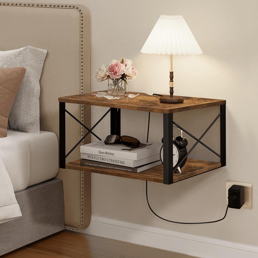 Floating Nightstand, Wood Floating Bedside Table with Cable Hole, 2 Tier Wall...