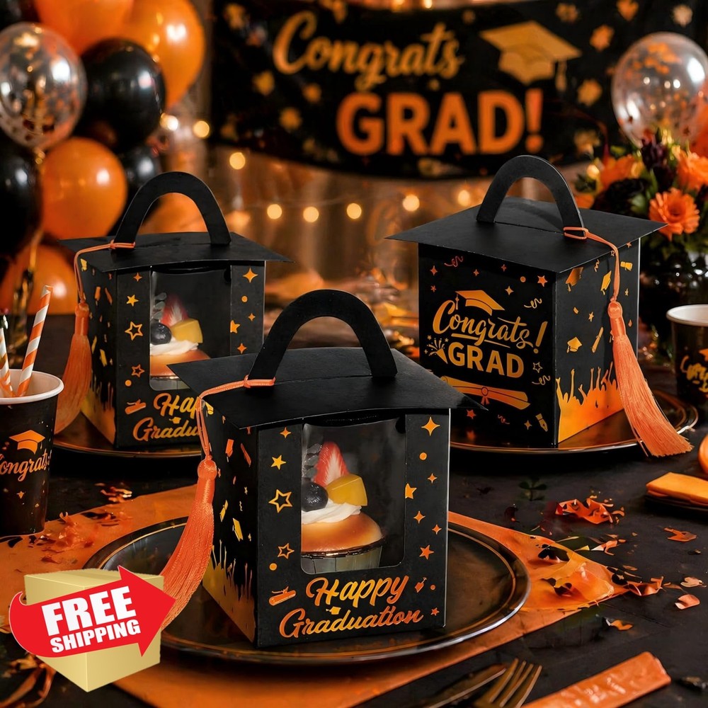 30pc Grad Cupcake Boxes, Candy Container with Window and Tassel, Black/Orange