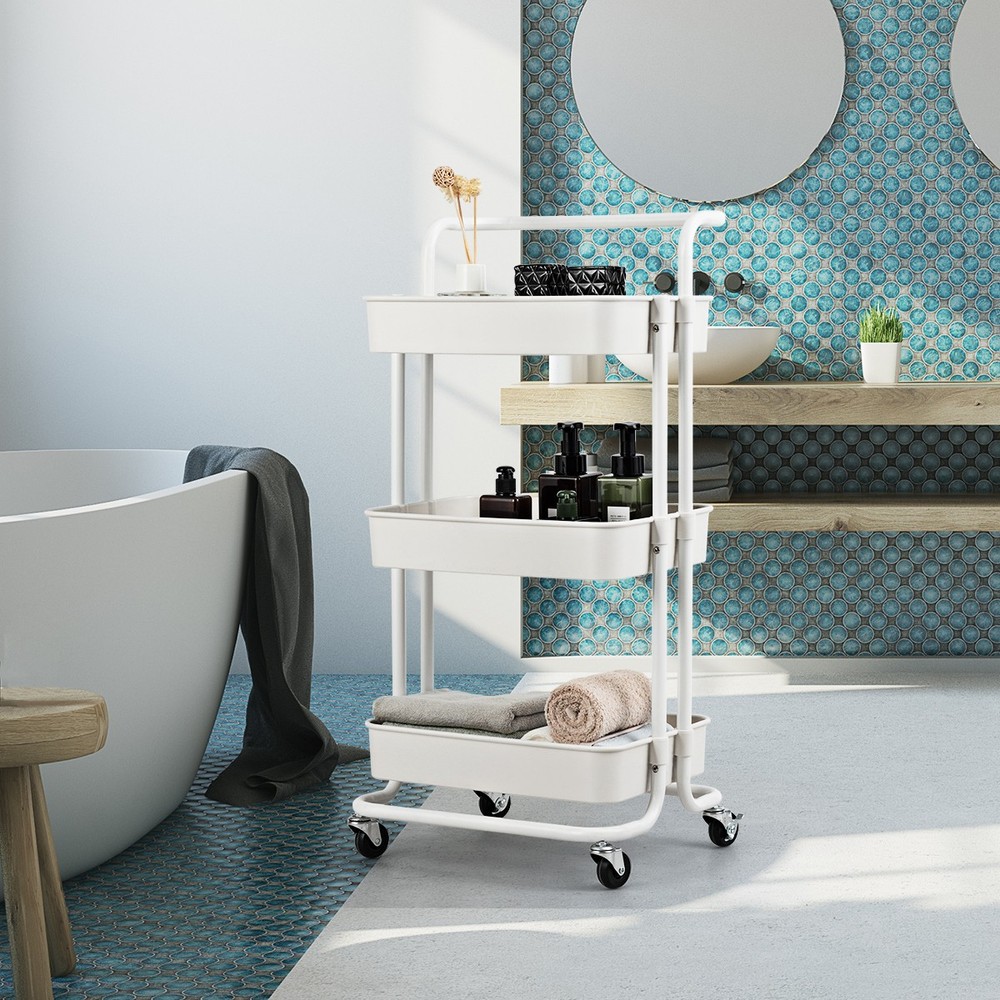 3 Tier Rolling Cart with Wheels Practical Handle & ABS Basket Organizer White