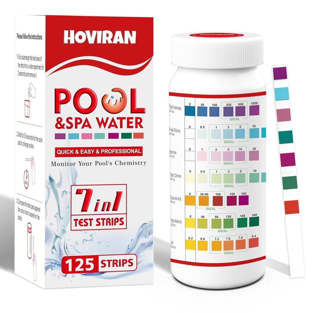 7-Way Pool Strips 125 Count for Chlorine pH Hardness & Spa Water Testing, Re...