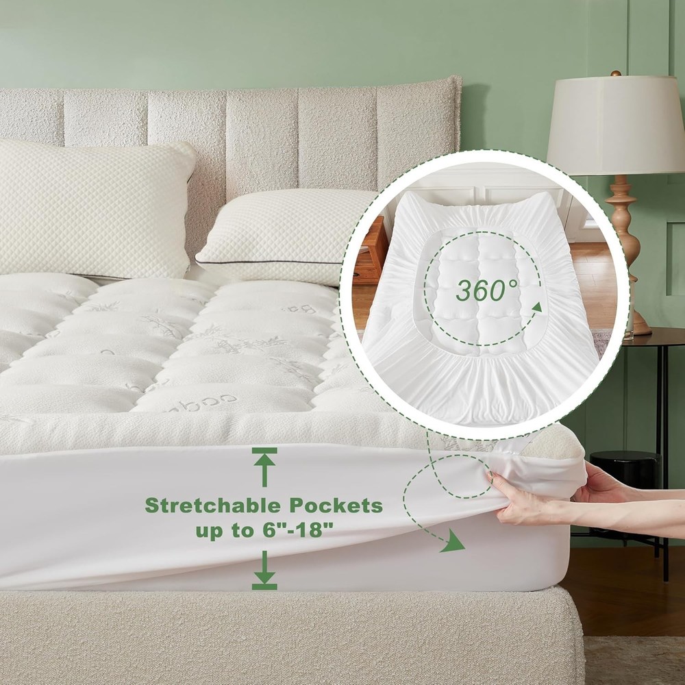 Soft Bamboo Mattress Pad - Stretchable Pockets - Queen Size