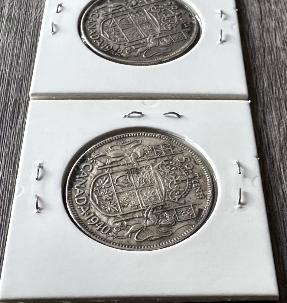 1940 & 1942 Canada 50 Cent Coins. Both Authentic & Circulated. .800 Silver