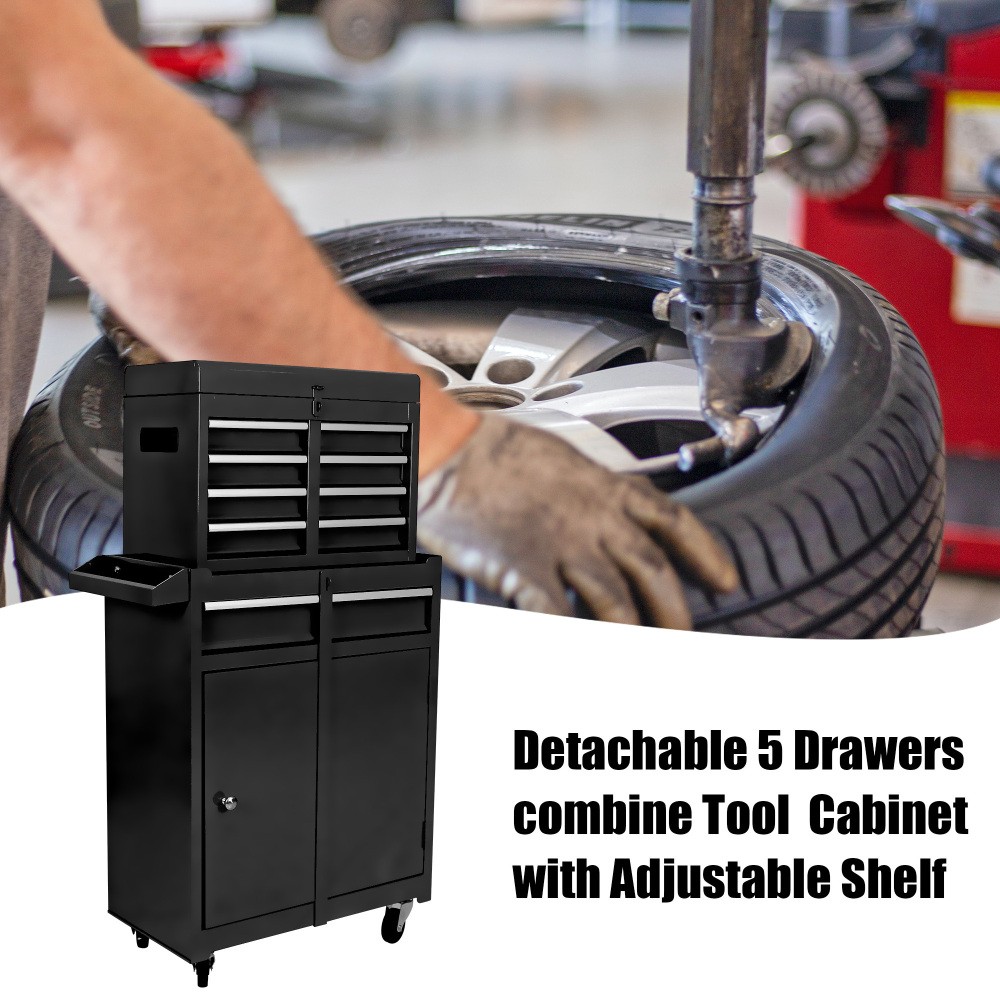 5-Drawer Rolling Tool Chest with Lockable Wheels Sliding Drawers Black