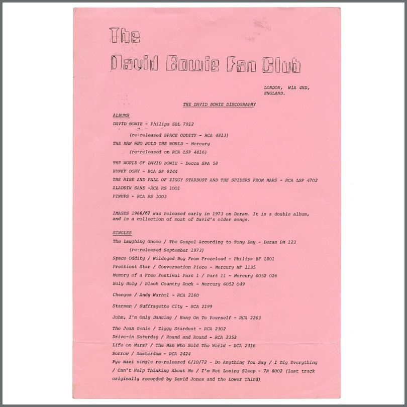 David Bowie Fan Club Discography 1973 (UK)