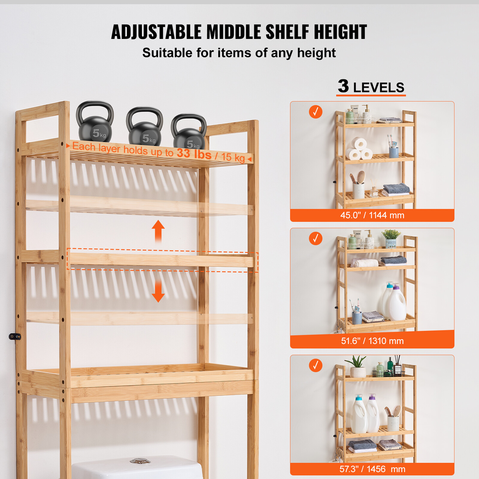 VEVOR Over the Toilet Storage 3-Tier Bathroom Shelf Rack Space Saver Organizer