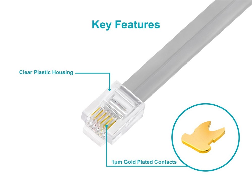 Monoprice 6P6C RJ12 Modular Plugs for Flat Solid/Stranded Cable, 1u, 2 Prongs,