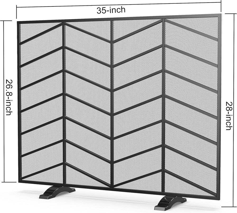 Single Panel Handcrafted Wrought Iron Mesh Chevron Fireplace Screen, Fire Spark