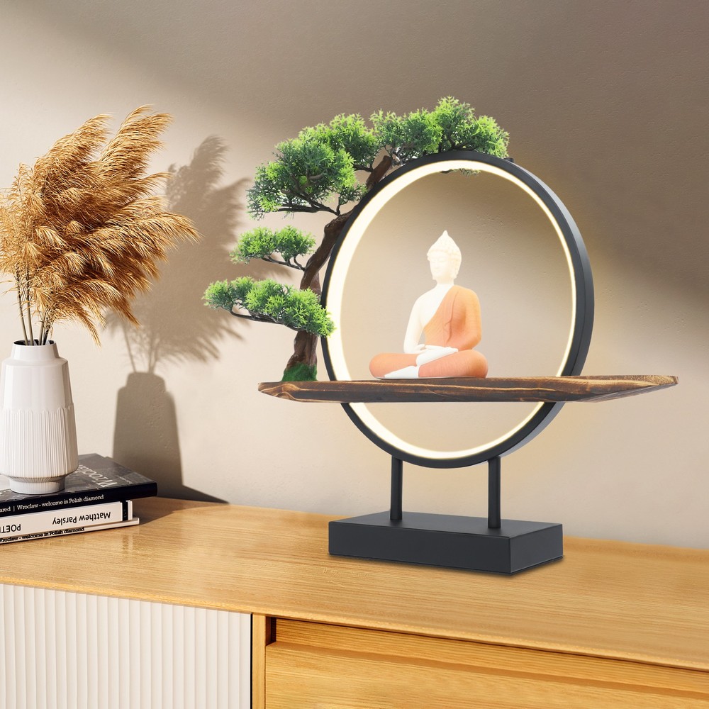 Buddha Statue w/Green Artificial Tree & LED Circle Table Lamp, Buddha Statues