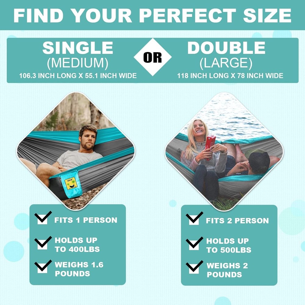 Camping Hammock Double & Single Portable Hammocks W/ 2 Tree Straps & Attached