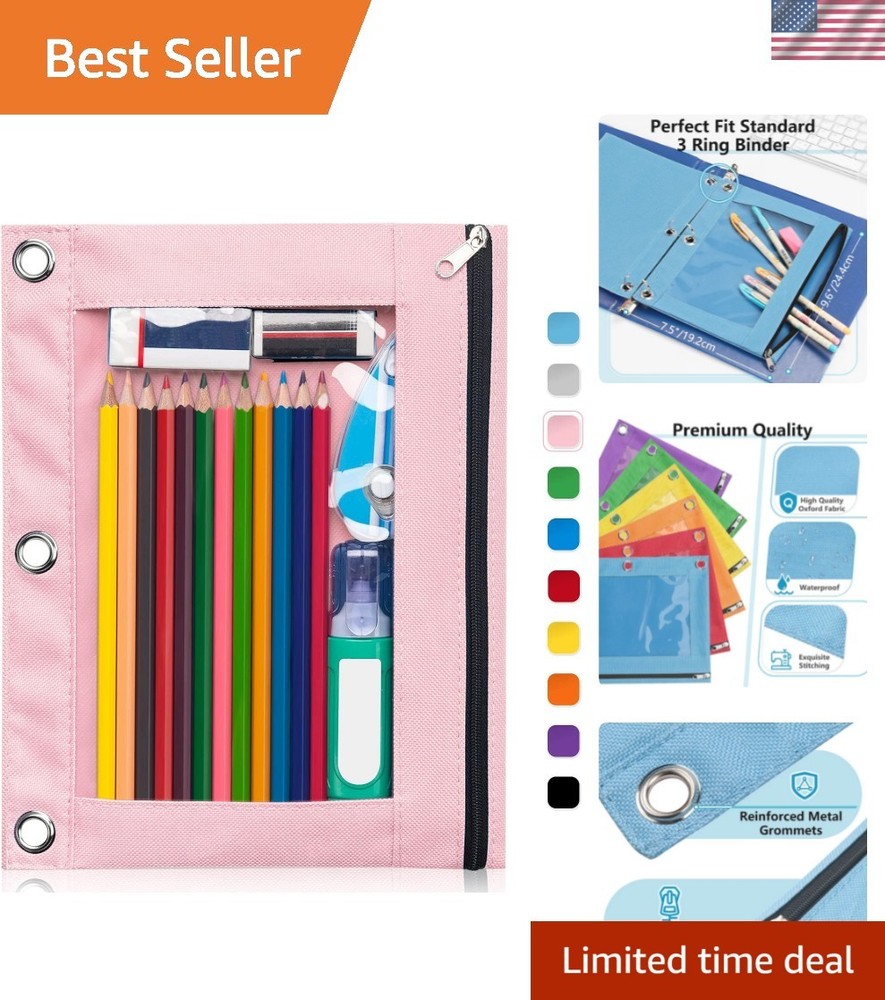 Large Capacity Zippered Pencil Case for 3 Ring Binders - Pink & Functional