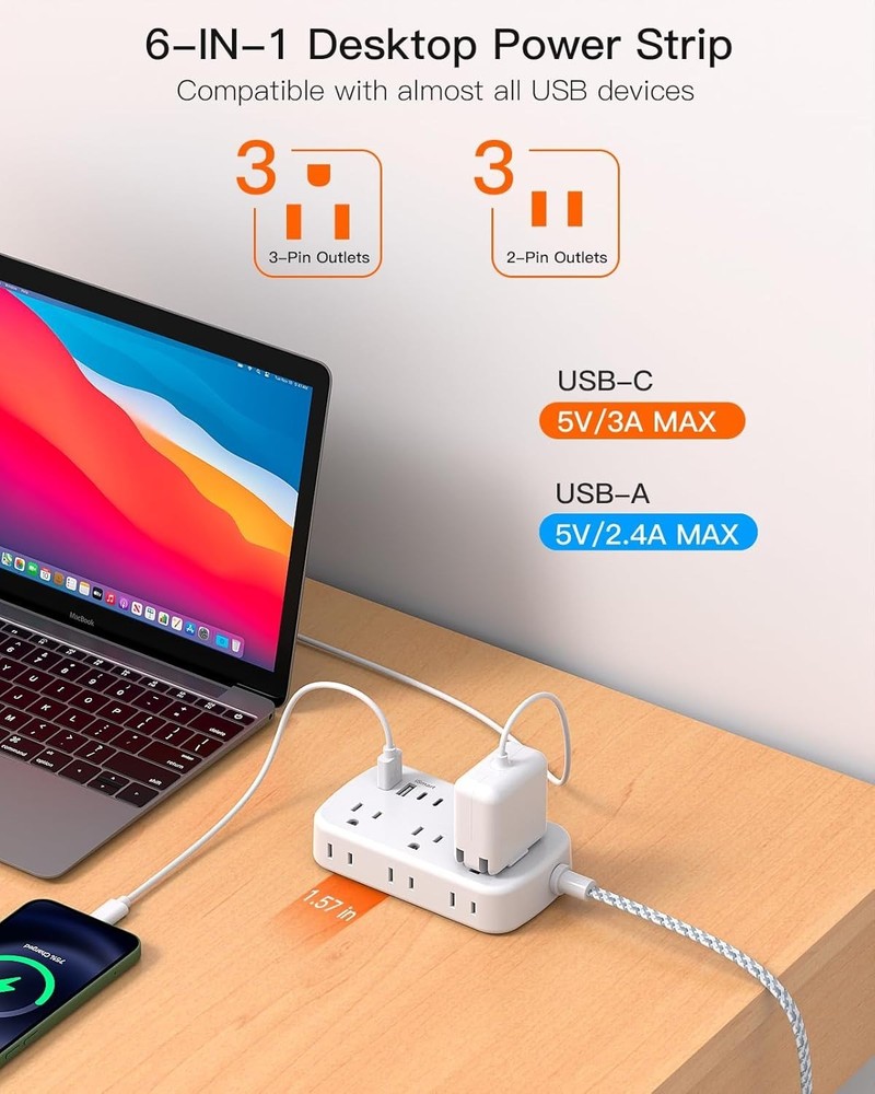 25ft Extension Cord with Flat Plug & USB Ports