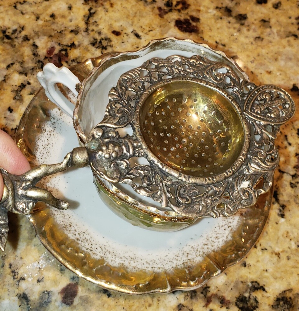 Ornate Antique Tea Strainer - Etched - Unknown Origin - see pics Cherub handle