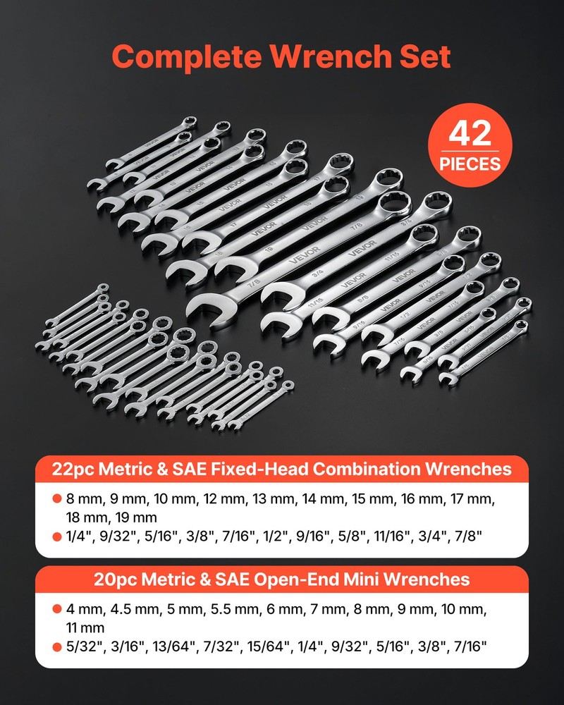 VEVOR Combination Wrench Set Box End Open End Combination Wrenches 42-Piece
