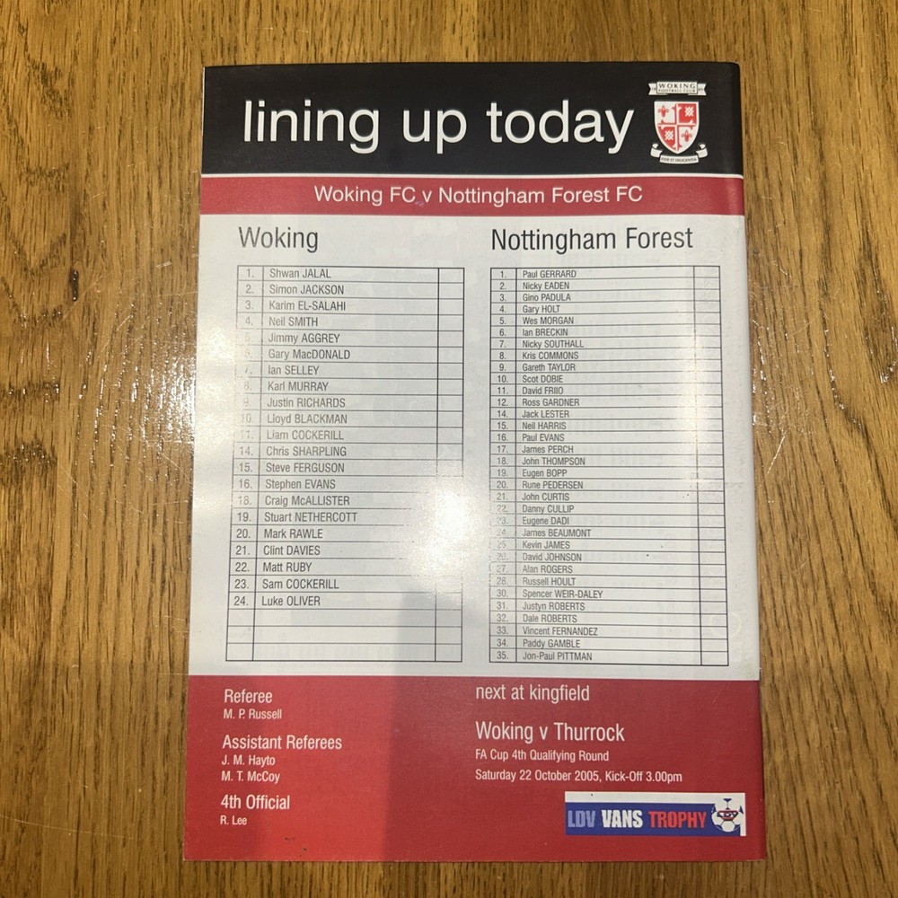 Woking v Nottingham Forest 2005-06 rare programme and teamsheet
