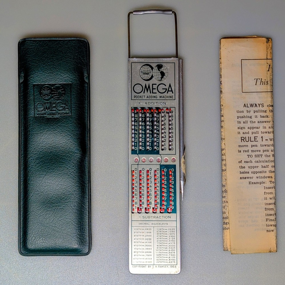 Vintage OMEGA Pocket Adding Machine — Complete w/ Case, Stylus & Instructions